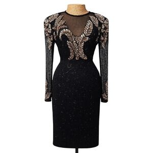 Scala Cocktail Dress Black Gold Embellished Beaded Silk Party Evening Dress PS